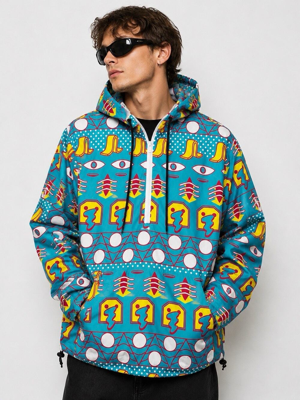 Meow Wolf Windbreaker Men’s Medium Psychedelic All Over Print Hooded Half Zip